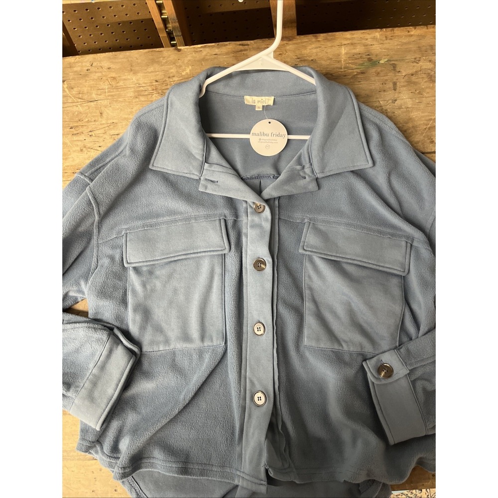 La Miel Malibu Friday Blue Fleece Button Front Shirt Jacket Shacket Small NWT